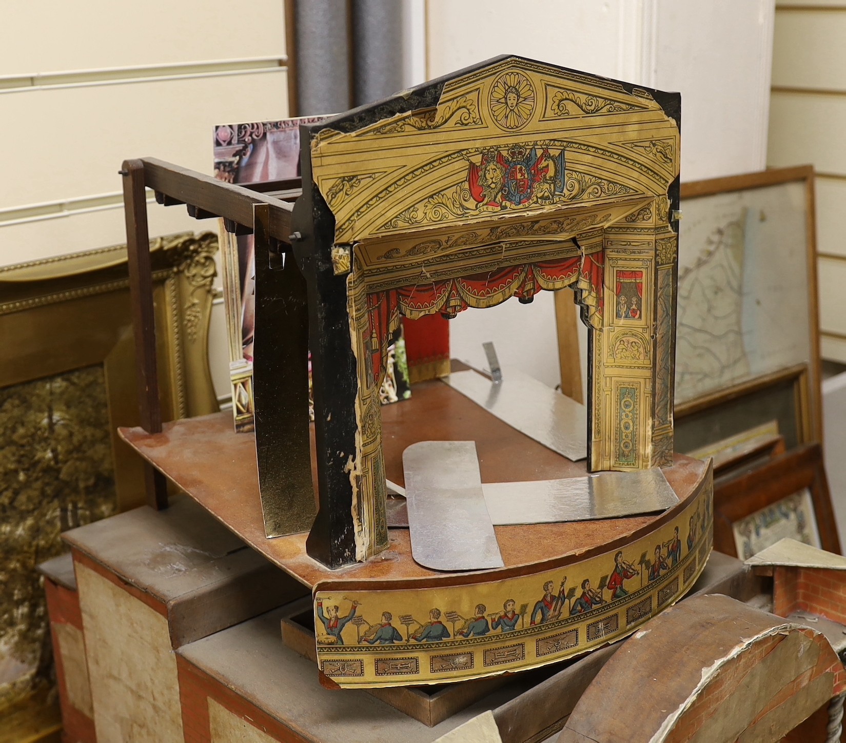 A scratch built model theatre building, 43 x 37cm, together with an interior stage